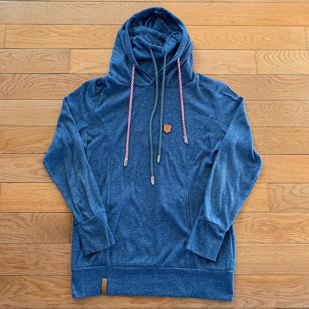 Naketano Cowl Neck Long Sleeve Hooded Shirt Top Womens XL Blue